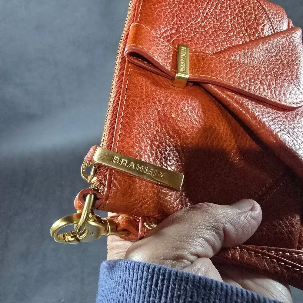 Brahmin Orange Leather Zippered Wristlet Purse Wallet
